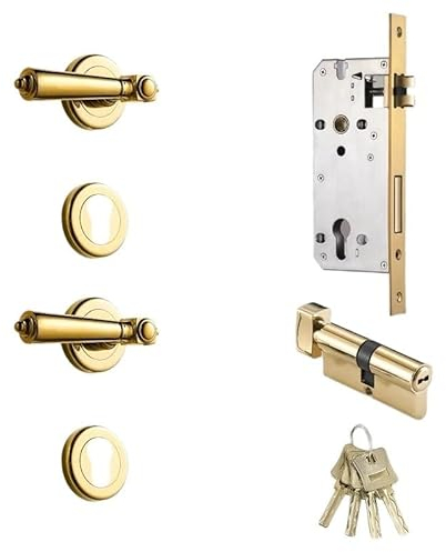 TüRknauf Messing-Türhebel, hell, modern, goldfarben, Massivholz, Innentürschloss, Schlafzimmer, geteilter Griff TüRknauf Drehbar(Color:GOLD2)