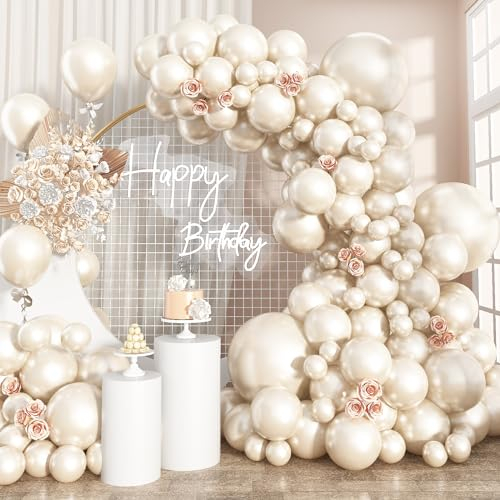 Pearl White Sand Balloons Pearl Beige Balloons Arch Double-Stuffed White Balloon Different Sizes 18/12/10/5inch 61pcs Ivory Cream Balloon Garland for Wedding Birde to be Birthday Anniversary Decor