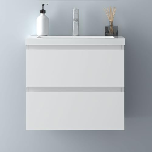 Biubiubath Badezimmermöbel 60cm Mineralguss Waschtisch mit Unterschrank Badmöbel Set Badezimmerschränke mit 2 Soft-Close Schubladen Weiß Matt