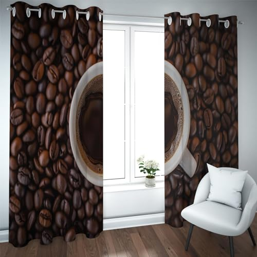 LANDOCROWN Vintage Energiesparende Fensterbehandlung Braune Vorhänge Modernes entspanntes Thema Kaffeebohnenmuster Schalldichter Verdunkelungsvorhang 2X B107 x H183 cm