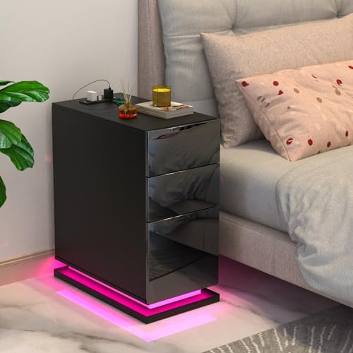 HAMHAIGO Moderno Comodino Lucido con Presa Elettrica Comodino Stretto con Barra LED, Tavolo da Notte con 3 Cassetti, Nero
