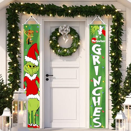 GreenYeah Weihnachten Grünhaariges Monster Banner für Haustür, 2PCS Weihnachten Banner, Merry Christmas Veranda-Schild, Grüne Weihnachtsbanner Willkommen Veranda Schild Türbanner 30 x 180 CM (A)