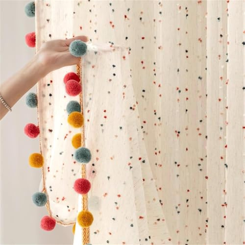 Durchsichtiger Boho-Vorhang mit bunten Bommeln, Voile, lichtfilternd, Kunstleinen, gestreift, Pompon, Stange, Tasche, Fenstervorhänge für Jungen/Mädchen, Schlafzimmer/Kinderzimmer, 2 Paneele (B x L x