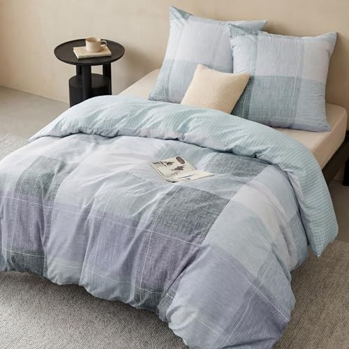 BEDSURE Bettwäsche 200x200 3teilig - Blau Violett Plaid, 2x80x80 Kissen | Mikrofaser Bettwäsche-Sets Wendebettwäsche, Oeko-TEX Bedding mit Reißverschluss, Extra Weich & Atmungsaktiv