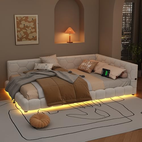 Lcoho Daybett, 140 * 200cm Tagesbett, Schlafsofa, Bett mit Lattenrost, 16 Farben Umgebungslicht, USB-Anschluss,Typ-C, Bequemes Material, Vliesimitat (Ohne Matratze) (Weiß, 140x200cm)