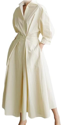 Dam ren bomull skjorta krage klänning, dam bomull button down maxi t-shirt klänning, ledig lös slips midja ärmlängd midi-klänningar, skjortklänningar med fickor, Aprikos, S