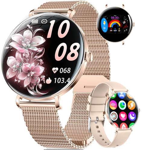 Smartwatch Damen Leichte mit Ultradünn Gebogen AMOLED-Bildschirm Telefonfunktion Schrittzähler/Menstruationszyklus/Herzfrequenz IP68 Wasserfest 100+ Sportmodi Smartwatch für Damen Mädchen Android iOS