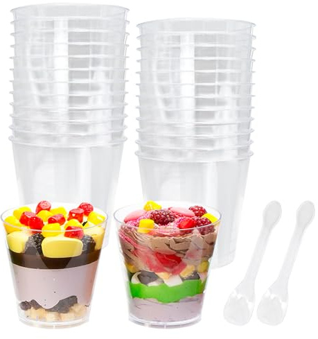 HVIHWI 25 Pcs Mini Dessert Cups with Spoons, 210ml/7oz Round Plastic Dessert Pots, Reusable Desert Bowls Cheesecake Dessert Cups for Desserts Mousses, Puddings, Party (7.5×7.5cm)