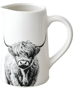 Highland Cow Jug 16cm – Rustic Ceramic Highland Cow Design – Farmhouse Kitchen Décor – Miniature Decorative Creamer Pitcher for Tea, Coffee, or Dining Table