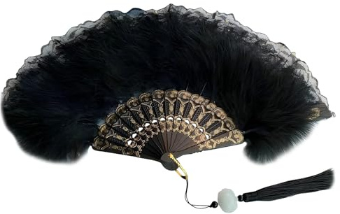 Comforso Women's Feather Fan, Lace Folding Fan with Tassel Pendant, Vintage 20s Feather Fan, Folding Fan Made of Lace for Wedding, Masquerade, Carnival Party, Flapper Accessories (1, Black)