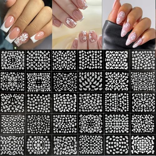 TELAIN Weiße Blumen Nageldesign-Sticker mit Strasssteinen, 3D Selbstklebende Nageldekorationen für Frauen und Mädchen, 30 Blatt (Weiß)