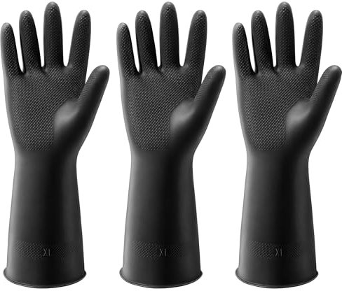 ThxToms 3 Pairs Dishwashing Cleaning Gloves, Reusable Dishwashing latex Gloves for Kitchen & Bathroom Cleaning,Non-Slip,Smooth Comfortable Lining,Black(Medium) XL