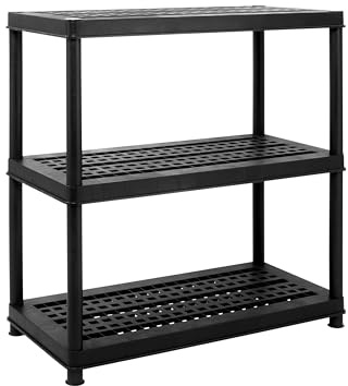 The Workplace Depot 3 Tier Plastic Shelving Unit – Black Non-Rust Plastic – Tool-Free Assembly, 70 kg Load per Shelf – Storage for Garages, Warehouses & Offices (3 Shelf (915mm))