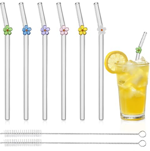 6 Pezzi Cannucce Vetro Riutilizzabili Trasparenti, Cannucce in vetro lunghe, con 2 Spazzole per La pulizia di succhi, cocktail, frullati, caffè, latte (Fiori)