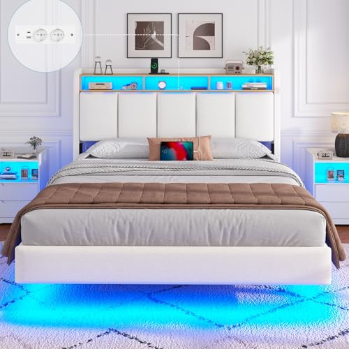 Brinlawb Polsterbett 140x200 cm Schwebebett mit LED-Beleuchtung, Kopfteil und Ladestation(2 AC-Steckdosen, 2 USB-Anschlüsse), Bett 140x200 mit Stauraum, Modern Doppelbett mit lattenrost, Leinen, Weiß