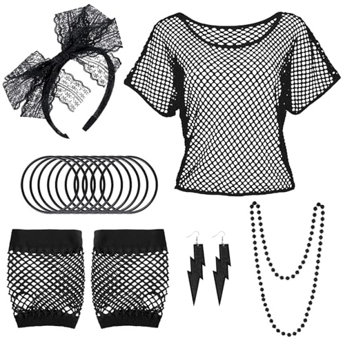 TYXHXTF 6 Piezas Disfraz Años 80 Mujer, Camiseta Rejilla Red de Neón, Guantes de Malla Pulsera Collares Pendientes Diadema para Traje de Fiesta, Cosplay (Negro)