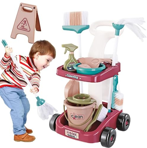 Generisch Kit de nettoyage | Kit de jeu ménager, balai et chariot de nettoyage pour tout-petits, avec aspirateur véritable, balai, vaporisateur et plus encore pour les filles