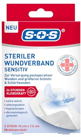 SOS Steriler Wundverband SENSITIV (5 Stück 10cm x 7,5cm) – extra weiche & atmungsaktive Wundauflagen, hypoallergen, nicht-verklebend, dermatologisch getestet – Schutz vor Schmutz & Bakterien