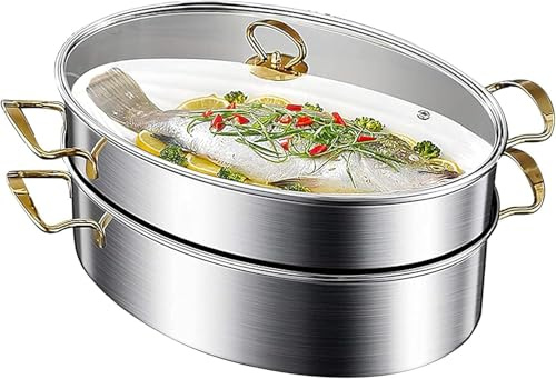 Olla de vapor de pescado, olla elíptica de acero inoxidable para cocinar pescado al vapor y sopa hirviendo, ideal para cocinas de inducción