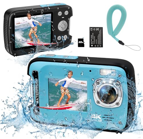 YEEIN undervattenskamera 4K 48MP autofokus dubbel skärm vattentät kamera med flytande rem och 32 GB kort, 17 FT kompakt vattentät digitalkamera
