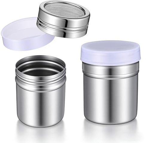 Hecila 2PCS Powder Sugar Shaker Duster with Lid Stainless Steel Powdered Sugar Shaker Duster Fine Mesh Cans Cinnamon Shakers Flour Sifter Metal Dredge for Baking Soda Cocoa Cornstarch Coffee Flour