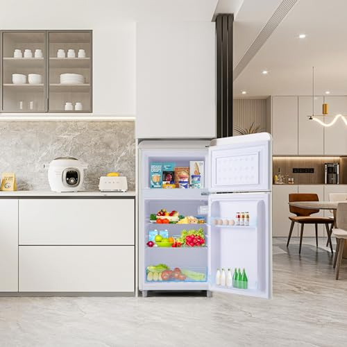 QSOST Mini Frigo Rétro Double Porte 72 Litres avec Congélateur 21L - Classe Énergétique E - Éclairage LED - Design Vintage - pour Chambre, Bureau ou Cuisine - Couleurs Multiples (Blanc)