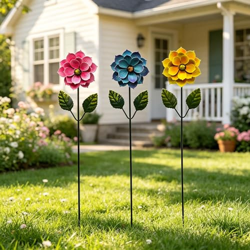 3er Pack Metall Gartenstecker Bunte Blumenstecker Dekorative Gartenpfähle Metall Blumen Garten Dekor Blumenpfähle für Garten Rasen Hof Outdoor Dekoration