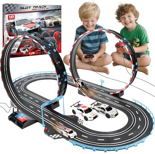 JONRRYIN Bilbana elektrisk slot bil för barn, 1:43 motorväg racerbana bil leksak 2 platser bilar tillbehör elektrisk racerbana, elektrisk racerbil set presenter för flickor pojkar 6–12