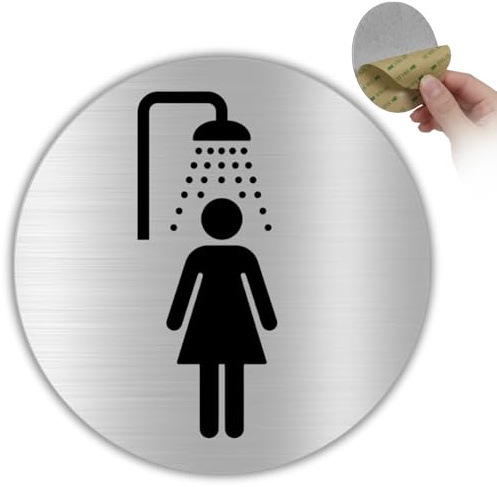 LEIASA | Cartello Doccia Donne - Ø 100 mm - Alluminio - Accesso Riservato | Adesivo Doccia Femminile, Targa Bagno Rosa, Insegna Docce Spogliatoi, Placca WC e Toilette, Avviso Igiene e Pulizia