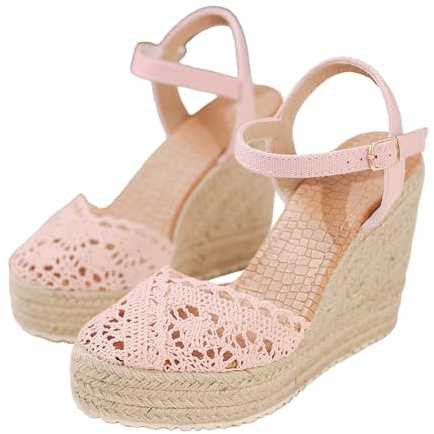 Generiska damsandaler, sommarplatå, damer, stängda sandaler med kilklack – elegant med stängda spets, kilsandaler, halkfria, espadrilla, halmsandaler, bekväma sommarsandaletter, ROSA, 37 EU