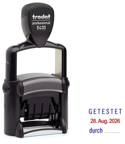 Trodat Professional Dater 5430 Datumstempel mit 2farbigem Kissen blau/rot + Wunschtext, Stempeltext:G E T E S T E T
