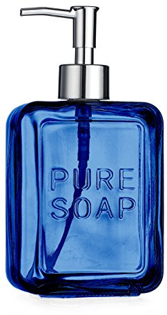 Sweet Home Glass Jar Bathroom or Kitchen Embossed Soap Pump Lotion Dispenser Kit 20 Ounce, (Blue)