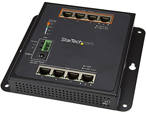 StarTech Switch Gigabit Industriel Gere PoE 8 Ports, 4 PoE+ (IES81GPOEW) | Dock, Fixation murale, Acces facade, Budget 120W, IP30, ESD 6kV, -40C a 75C