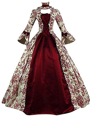 YEBIRAL Damen Langarm Mittelalter Kleid Viktorianischen Königin Kleider Gothic Jahrgang Prinzessin Kleid Abendkleid Gebunden Taille Maxikleid Bodenlänge Brautjungfernkleid Hochzeit Karneval Party