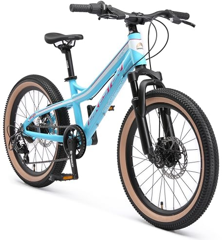 BIKESTAR Bicicleta de montaña de Aluminio Bicicleta Juvenil 20 Pulgadas de 6 a 9 años | Cambio Shimano de 7 velocidades, Freno de Disco, Horquilla de suspensión | niños Bicicleta Turquesa Blanco