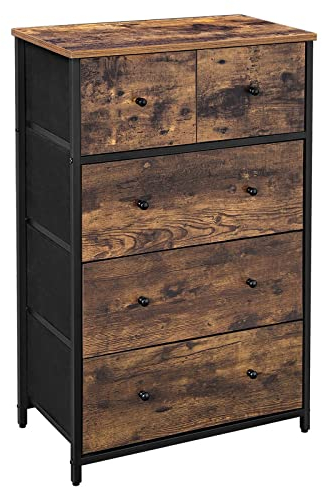SONGMICS Kommode, Aufbewahrungsschrank mit 5 Schubladen aus Stoff, industrieller Stil, für Wohnzimmer, Eingang, Flur, Kinderzimmer, Braun/Schwarz LGS45H