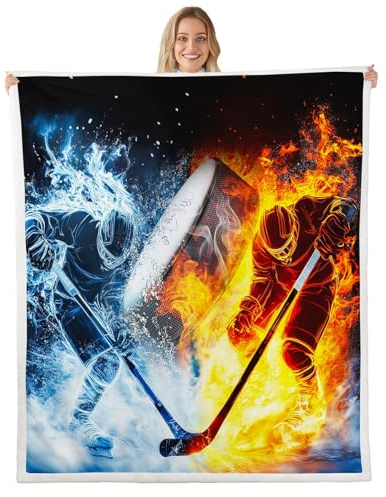 Ice Hockey Sherpa Blanket Hockey Player Plush Blanket for Kids Boys Girls Teens Puck Sports Theme Fleece Throw Blanket Winter Sports Hobby Fuzzy Blanket for Sofa Bed Couch, Room Decor Baby 30x40 Inch