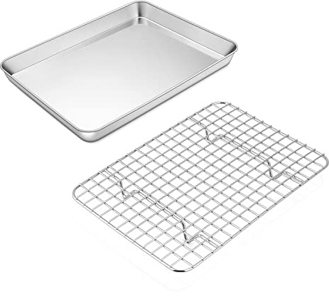 TEAMFAR Bakplåt med kylgaller, rostfritt stål, minikakplåt, ugnsplåt för bakning, rektangulär miniugnsskål med kylgaller, giftfri och hälsosam, diskmaskinssäker, 23,6 x 17,8 x 2,5