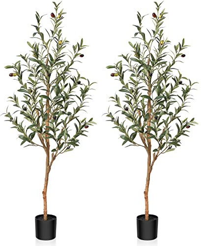 OAKRED Olivo Artificial, Plantas de Seda Falsa de 4 pies de Alto con Tronco de Madera Natural, árbol en Maceta de imitación para decoración del hogar, Interior, Oficina, Porche, Juego de 2