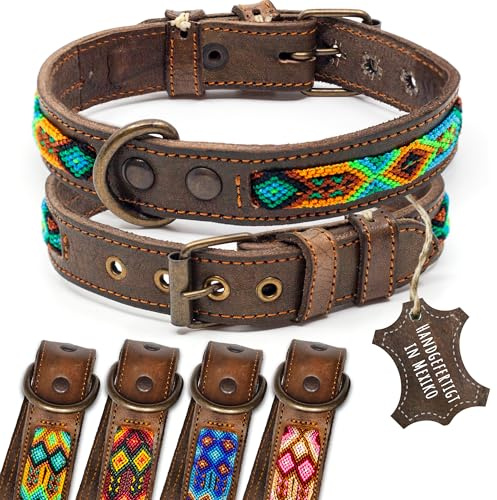 ALTEZAR Lederhalsband Hund - Doppelt Tribal Bestickt Grün Braun - Hochwertig verarbeitetes Hundehalsband Leder - Handgemacht in Mexiko - Größe S - Halsband Hund für kleine Hunde Leder breit