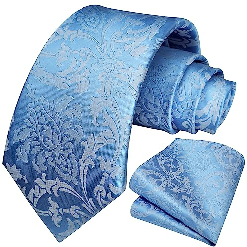 HISDERN Krawatte Herren Paisley Krawatte und Einstecktuch Set Krawatten Hellblau