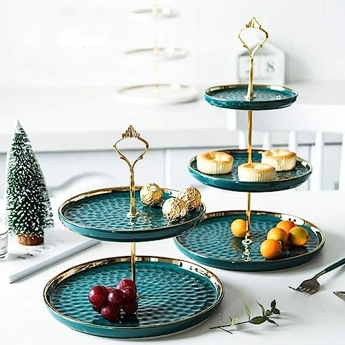 2 Set of Round Porcelain Tiered Cupcake Stand, Dessert Plates Stand Tiered Serving Trays with Gold Rod, 3 Tiers and 2 Tiers Cake Stand Party Serving Trays Fruit Pastry Holders(Green)