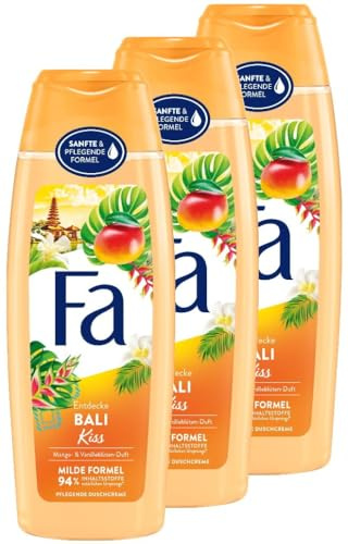 Fa Duschcreme Bali Kiss (3x 250 ml), pflegendes Duschgel mit dem sommerlich-leichten Duft von Mango & Vanilleblüten, Duschpflege mit milder Formel
