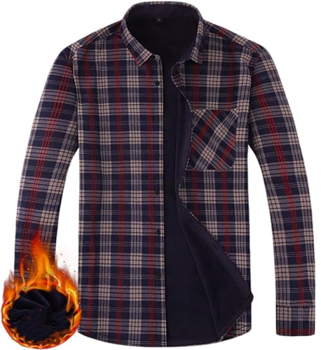 Miaikvs Camisa chaqueta de franela a cuadros engrosada para hombre, cálida, con forro de sherpa, de vellón, manga larga, casual, a cuadros, con bolsillo, azul marino, M