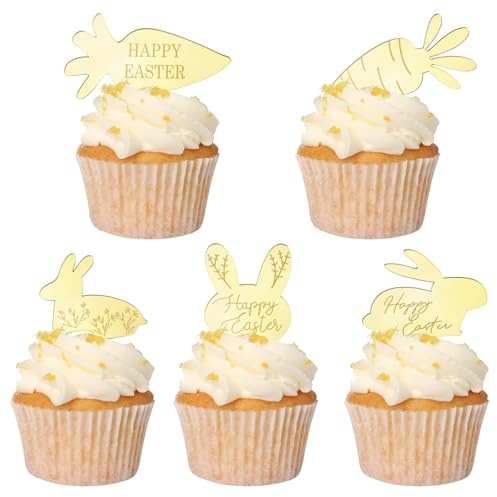 URROMA Rabbit Carrot Happy Easter Cupcake Toppers, 25pcs Acrylic Gold Cake Topper Easter Cake Topper Acrylic Cake Party Rabbit Decorations for Easter Day