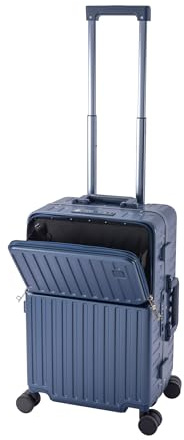 Travelhouse Roma Handgepäck Koffer mit USB Anschluss, Getränkehalter, Alu-Rahmen, PC Hartschale, Trolley, Bordkoffer Rollkoffer Cabin Case 55x35x23 cm, Blau