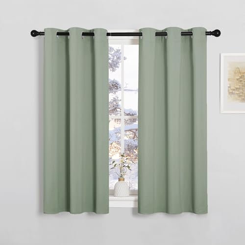 PONY DANCE Sage Green Blackout Curtains for Kids Bedroom Kitchen Eyelet Short Thermal Insulated Curtains & Drapes for Small Windows Soundsproof Privacy Window Treatment, W 34 x L 45, 2 Panels