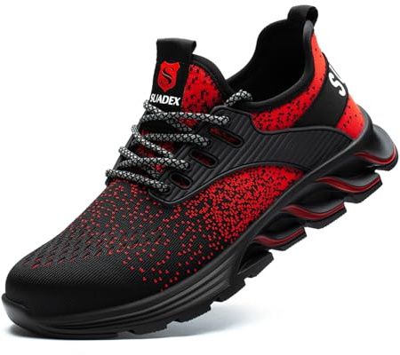 SUADEX Zapatos de Seguridad Hombre Mujer Calzado de Trabajo Ligeros Antideslizante Zapatillas de Seguridad con Punta de Acero(Rojo, 42 EU)