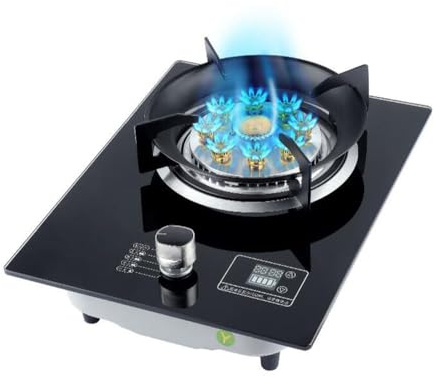 Table De Cuisson À Gaz 32 Cm, Brûleur Wok À Anneau De Feu À 9 Cavités Chronométrées, Dessus en Verre Trempé Noir avec Protection Anti-Extinction, Adapté À La Cuisine Domestique