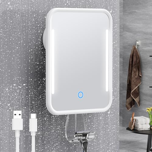 Gospire Heated Shower Mirror Fogless for Shaving with Light, Rechargeable Battery and Adjustable Brightness, Suction Cup and Razor Holder, Removable & NO-Drilling, Waterproof for Bathroom(White)